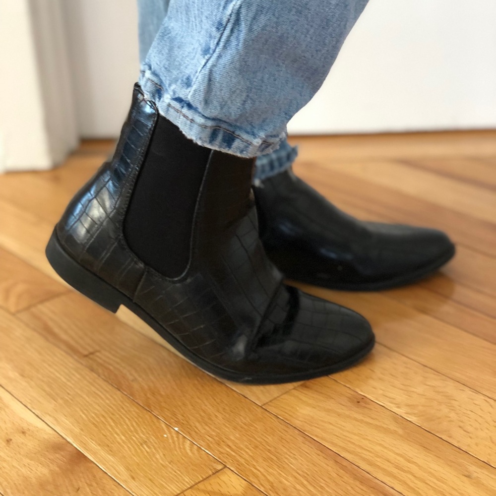 Black Croc-Embossed Ankle Boots